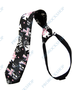 nasazovací kravata s lebkami a kříži / růžová barva